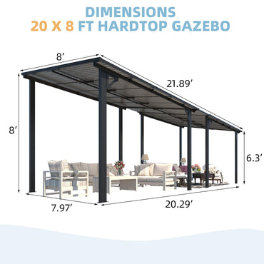 YODOLLA 22' x 8' Wall-Mounted Hard Top Lean-to Gazebo for Patio