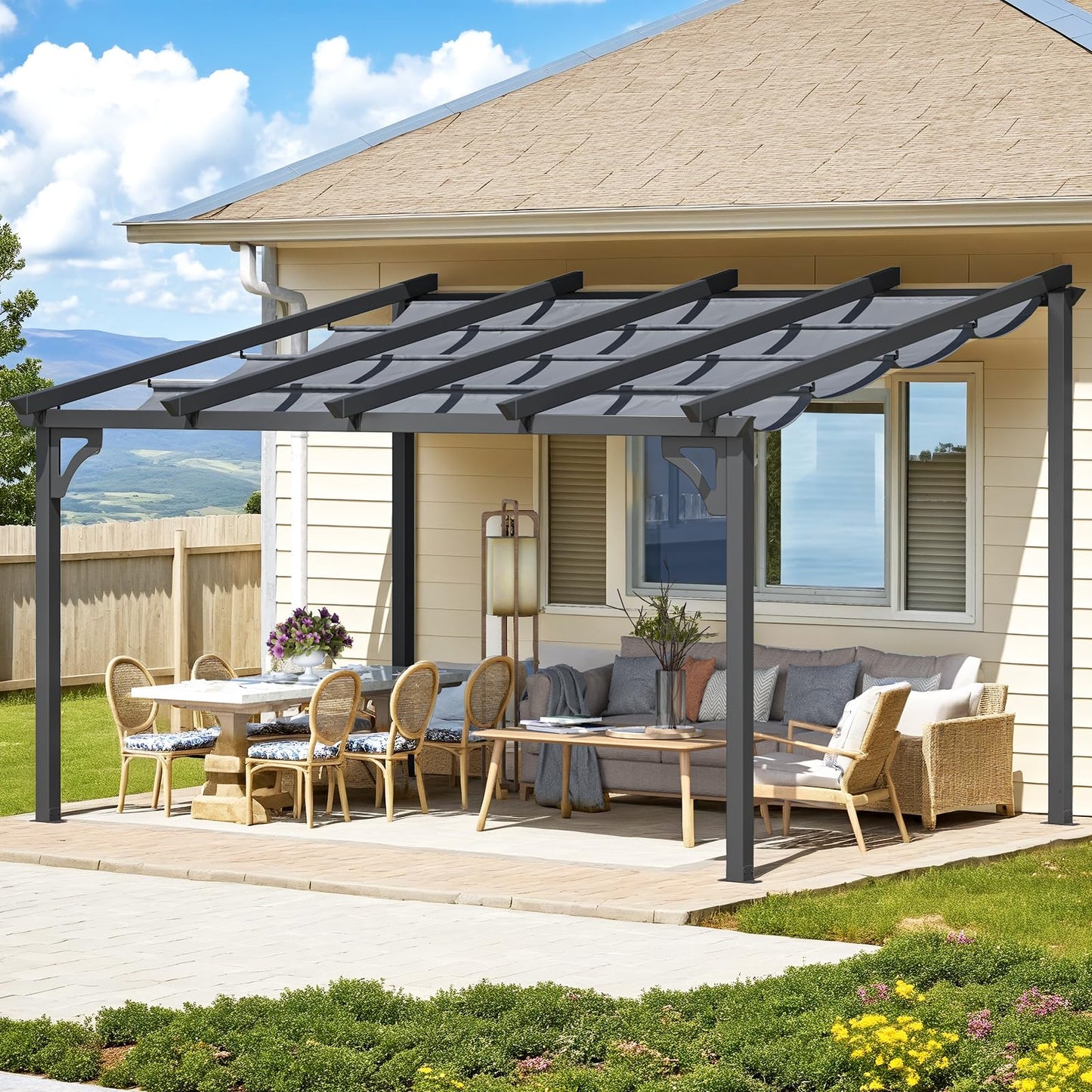 YODOLLA 14' x 10' Gazebo for Patio, Retractable Pergola with Adjustable Sun Shade Canopy Roof