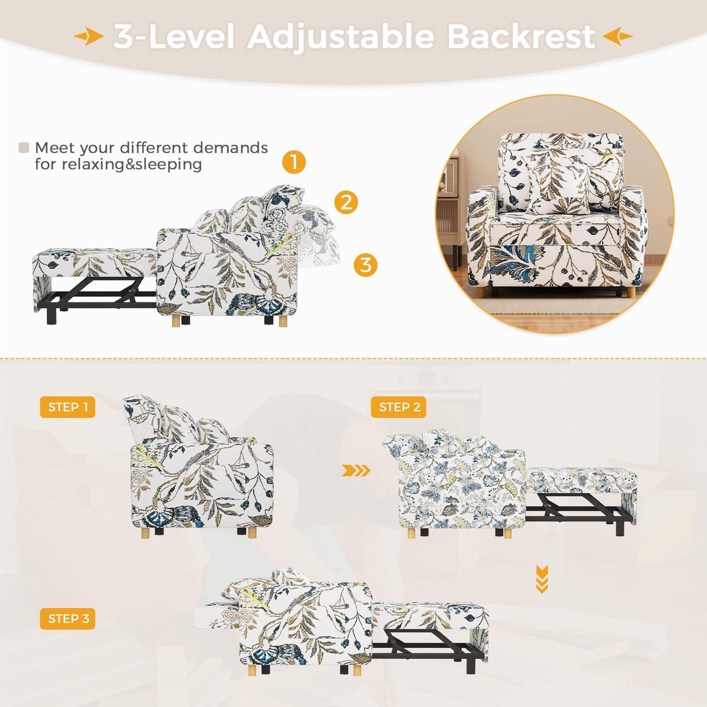 YODOLLA 36" Convertible Chair Bed, Floral