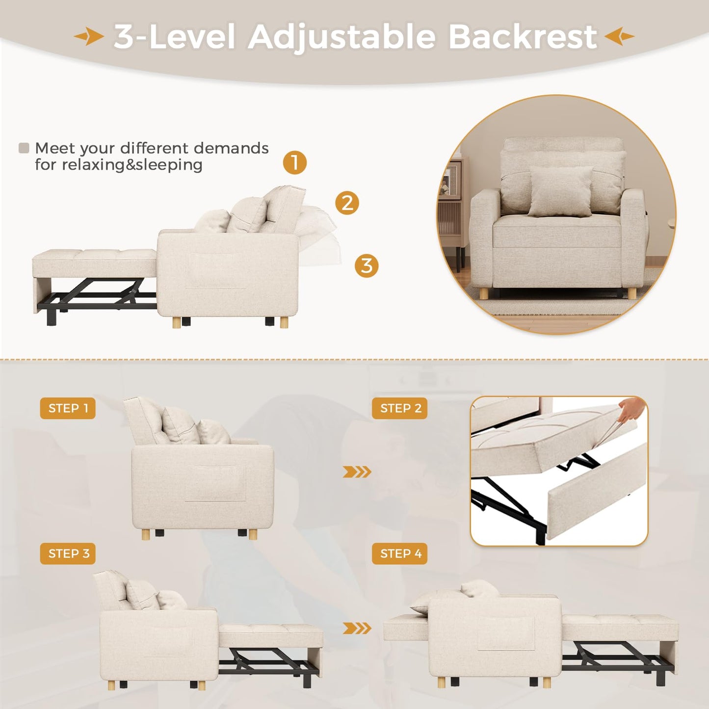 YODOLLA 3 in 1 Chair Bed Sleeper for Adults, Beige