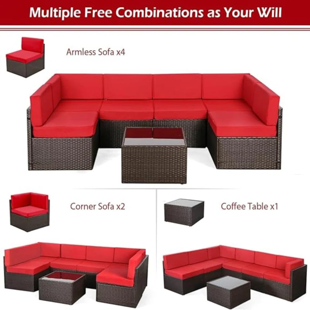 YODOLLA 7 Piece Outdoor Patio Furniture Set with 30 Inch Fire Pit Table, Brown Rattan Red Cushion