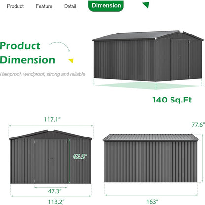 YODOLLA 10x14 Metal Outdoor Storage Garden Shed, Dark Gray
