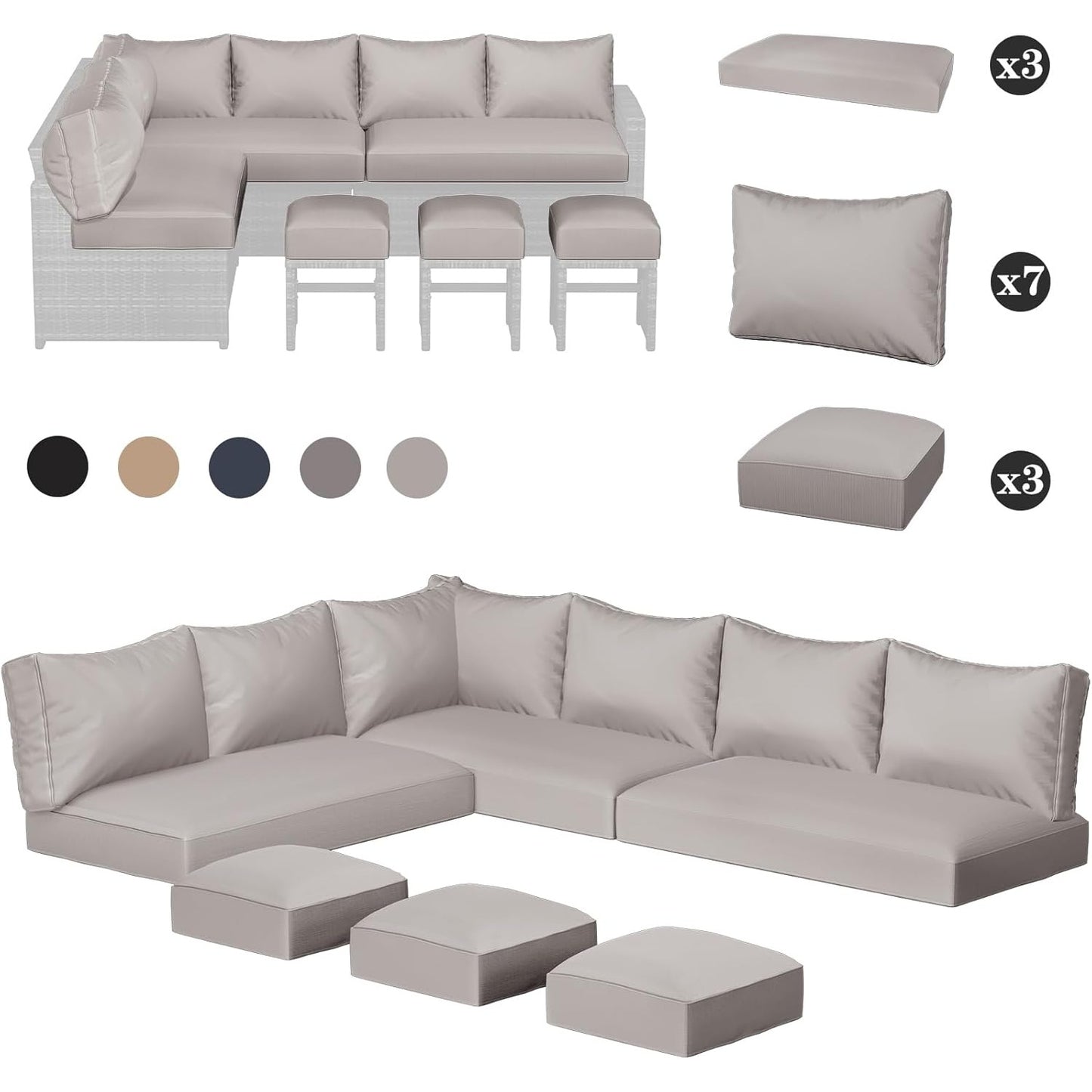 YODOLLA Memory Foam Cushions and Covers, Light Gray