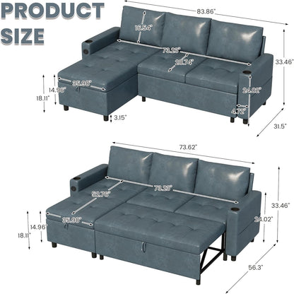 YODOLLA Faux Leather L-Shaped Sleeper Sofa, Pullout Bed, USB & Storage, Blue