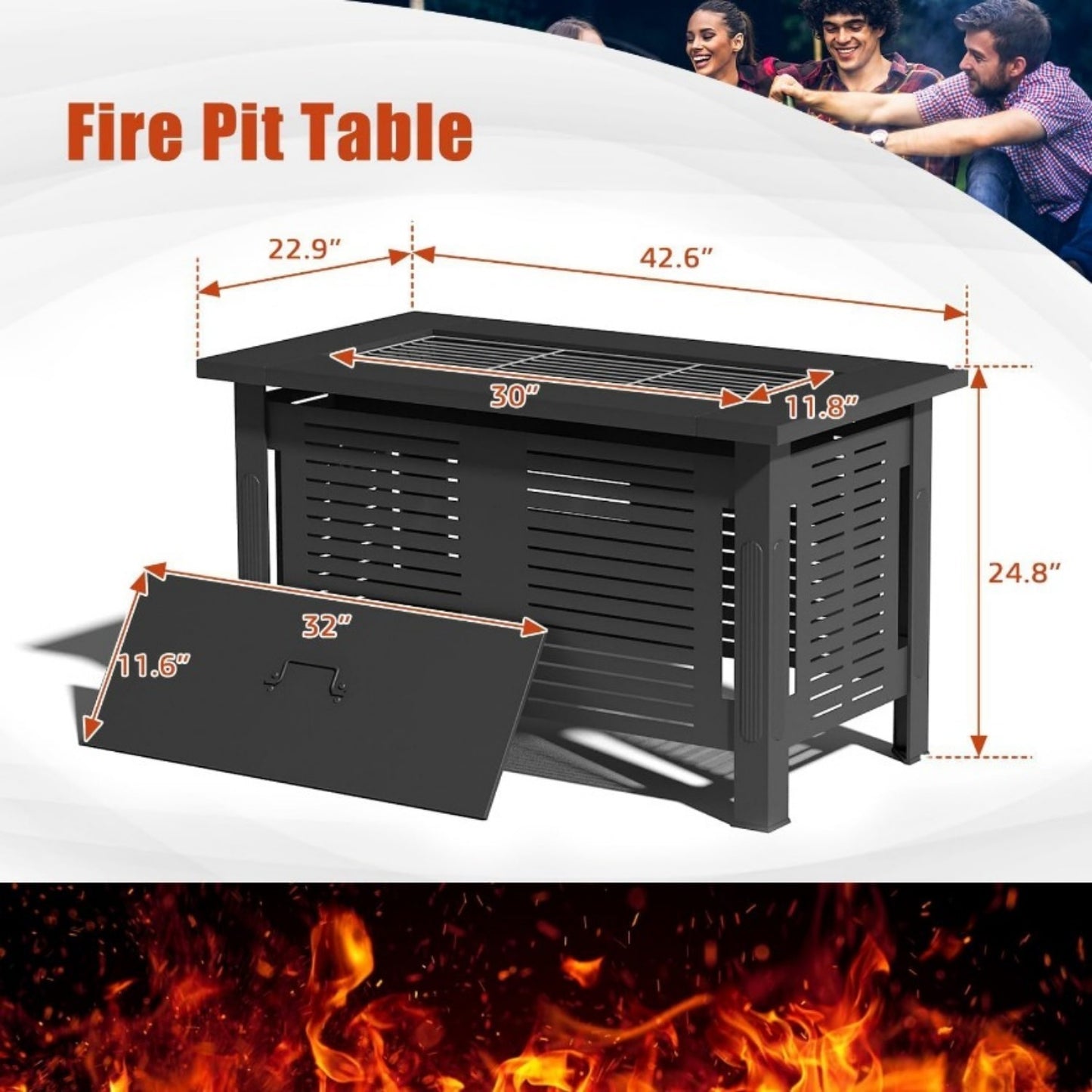 YODOLLA Fire Pit Table, Firepit Outdoor Table, 43 Inch, Black