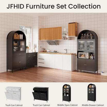 YODOLLA 73'' Kitchen Pantry, Metal Arched Storage Cabinet with Glass Doors/Adjustable Shelfs/Drawer