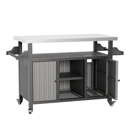 YODOLLA Rattan Outdoor Bar Cart with Wheels and Storage, Gray