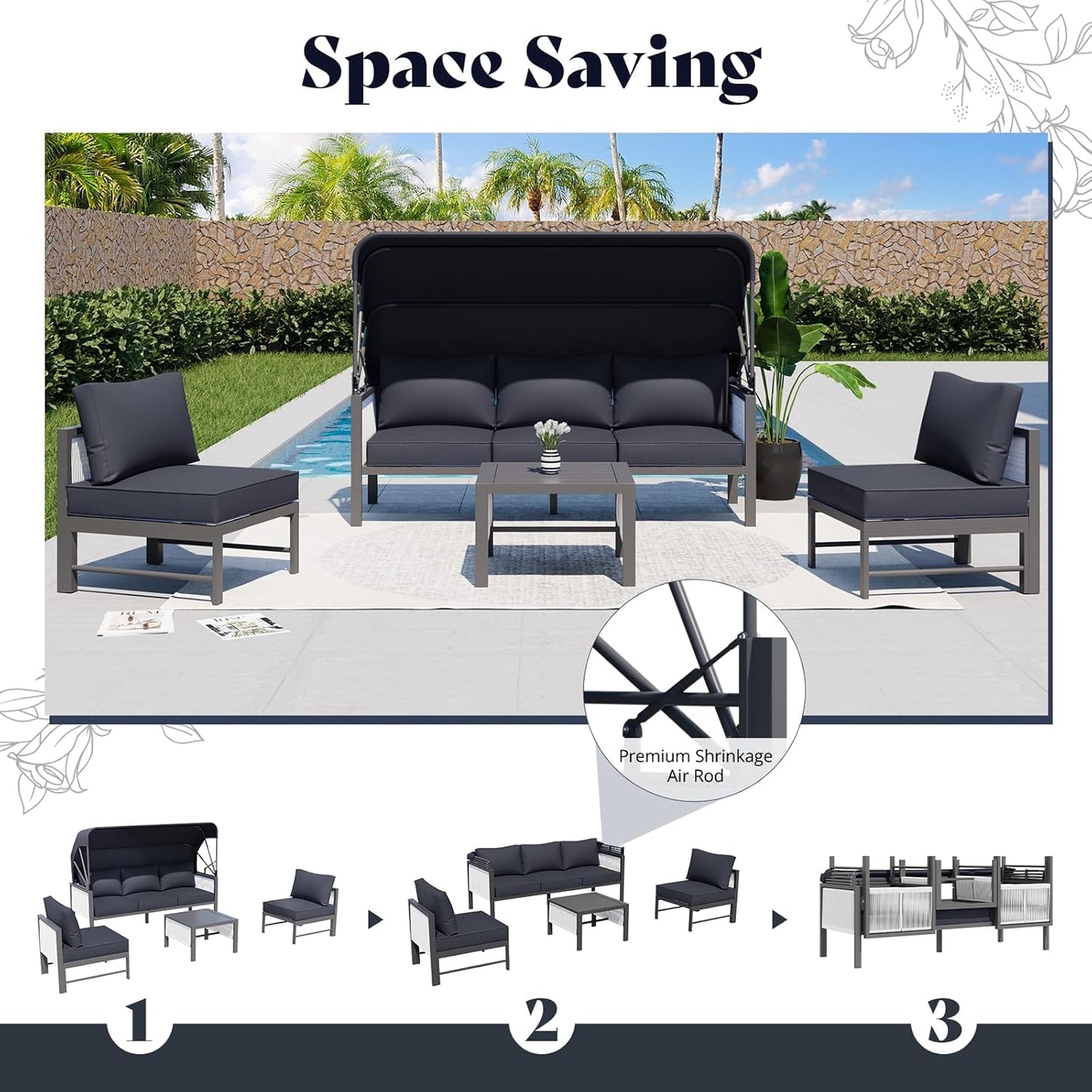 YODOLLA 4 Pieces Aluminum Patio Furniture Set, Retractable Canopy, Dark Grey