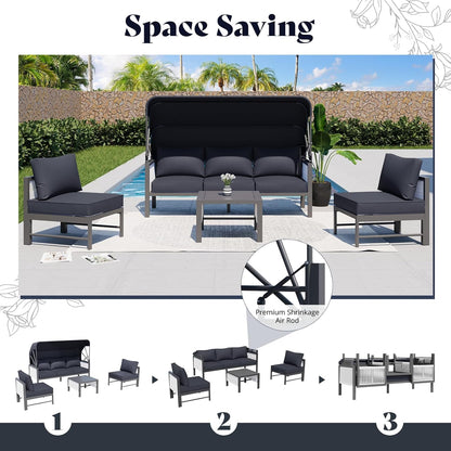YODOLLA 4 Pieces Aluminum Patio Furniture Set, Retractable Canopy, Dark Grey