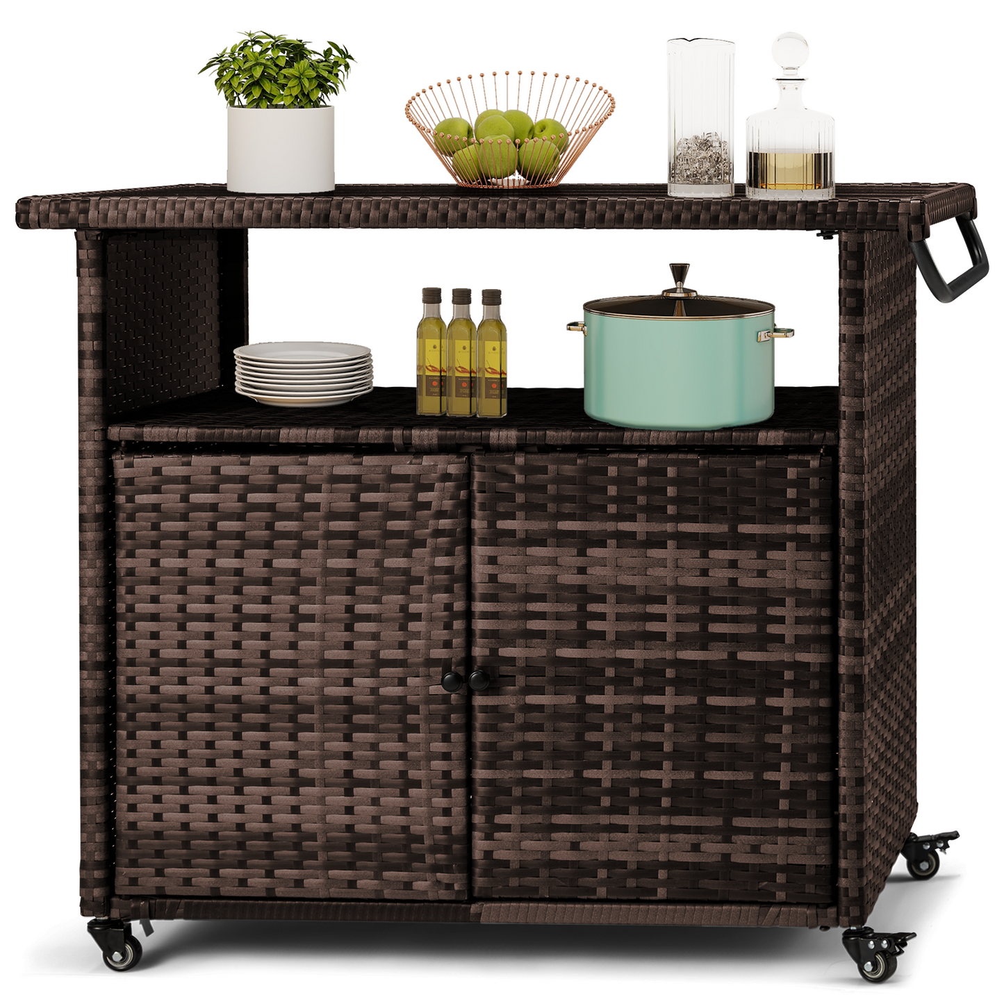 YODOLLA Outdoor Bar Cart, Patio Storage Grill Cart with Handles, Brown