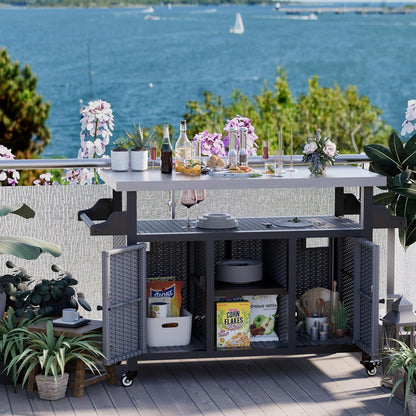 YODOLLA Rattan Outdoor Bar Cart with Wheels and Storage, Gray