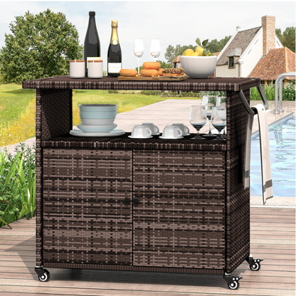 YODOLLA Outdoor Bar Cart, Patio Storage Grill Cart with Handles, Brown