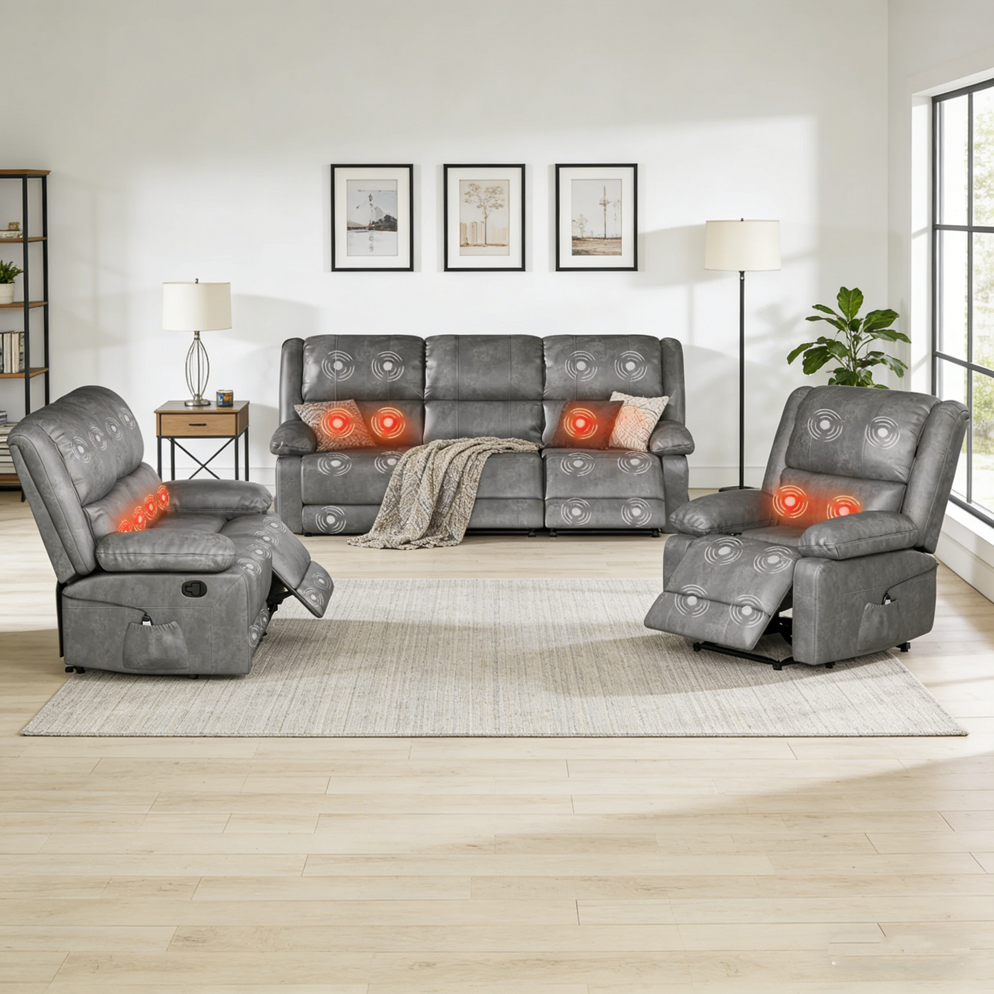 YODOLLA 3 PCS Recliner Sofa Set Overstuffed Leather Reclining Sofa, Gray