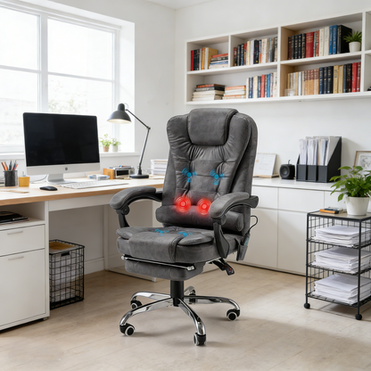 YODOLLA Massage Office Chair with Heat w/Retractable Footrest, Grey Leathaire
