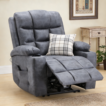 YODOLLA Wide Armrests Electric Recliner Nursery Chair, Faux Leather, Gray Blue