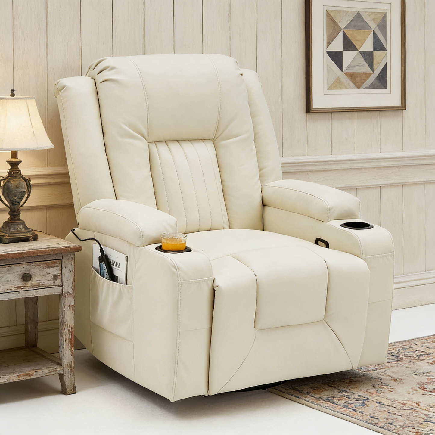 YODOLLA Recliner Chair with Heat&Massage, PU Leather Cream White