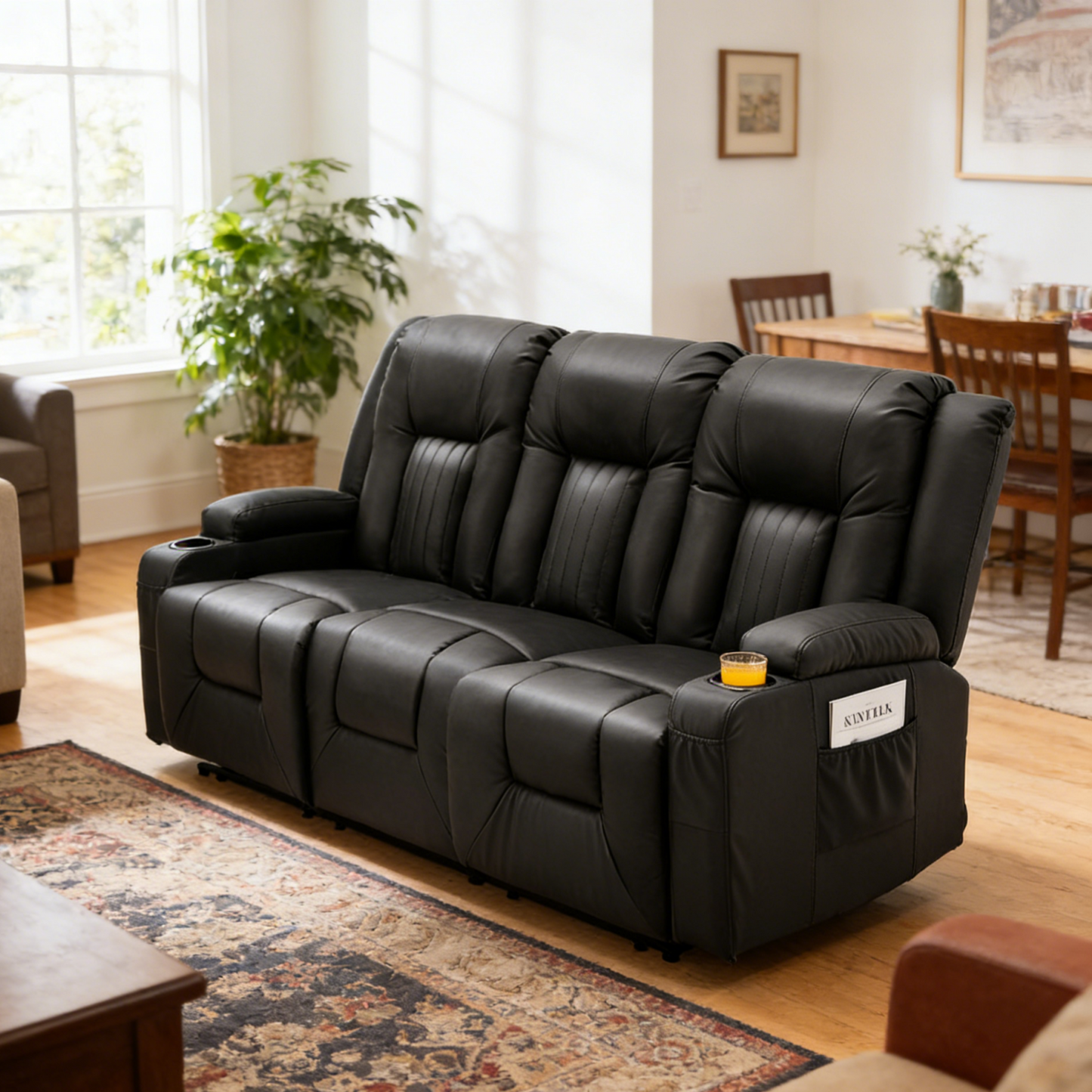 YODOLLA 3-Seat Recliner Sofa, Black Faux Leather