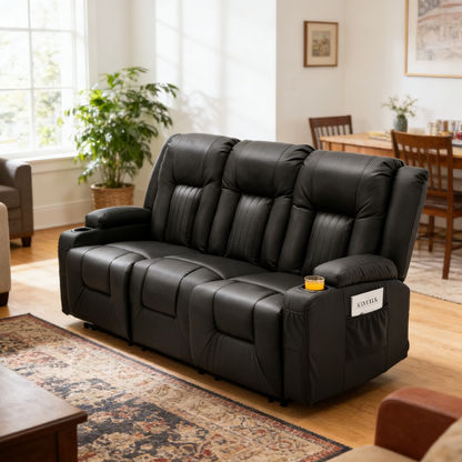 YODOLLA 3-Seat Recliner Sofa, Black Faux Leather