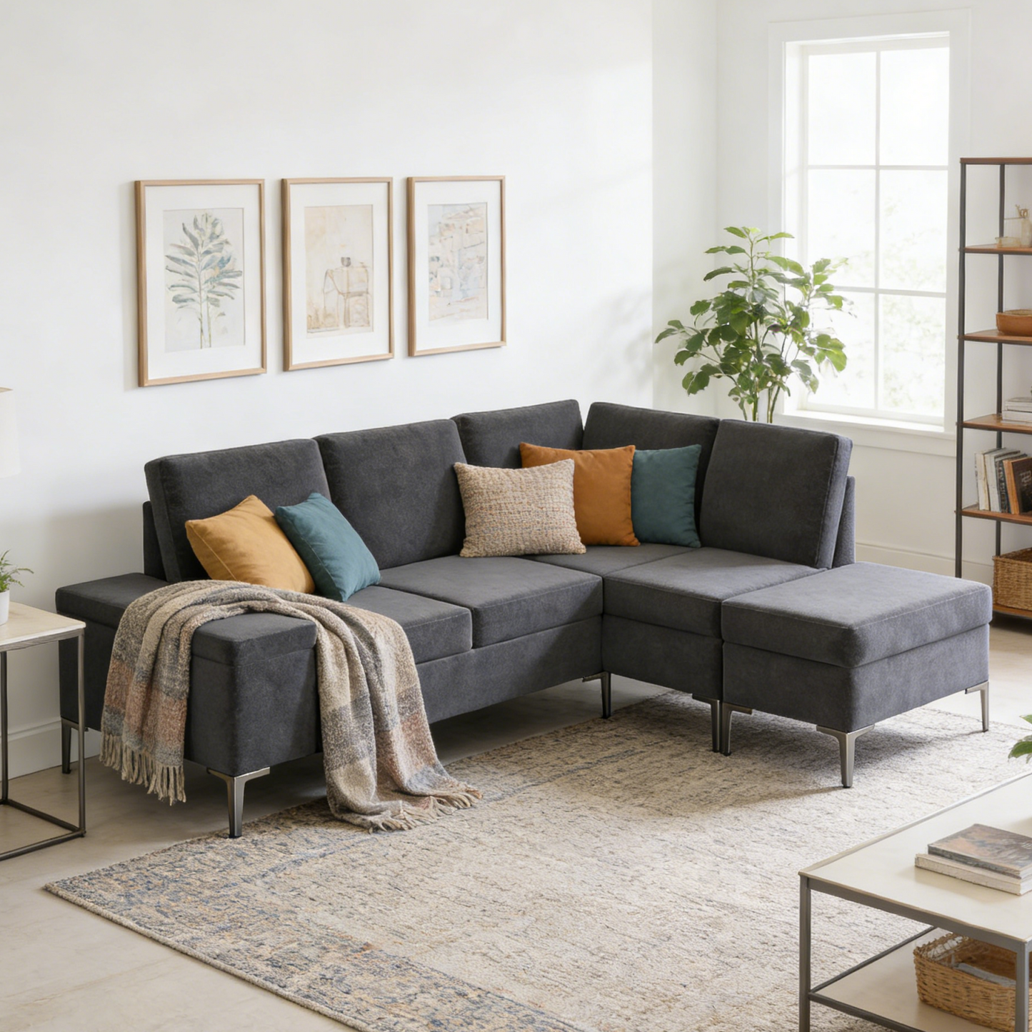 YODOLLA Sectional Couch with Ottoman Convertible Corner Couches with Armrest Storage