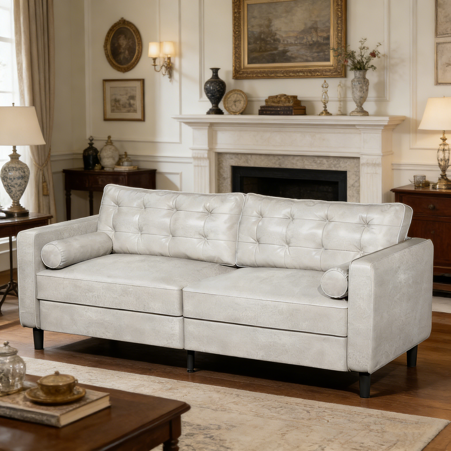 YODOLLA 84.2" 3-Seats Large Sofa Couch Couch, Faux Leather White