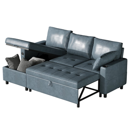 YODOLLA Faux Leather L-Shaped Sleeper Sofa, Pullout Bed, USB & Storage, Blue