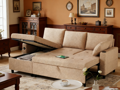 YODOLLA Teddy Velvet L-Shaped Sleeper Sofa, Pullout Bed, USB & Storage, Brown