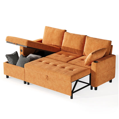 YODOLLA L-Shaped Sleeper Sofa, Pullout Bed, USB & Storage, Orange