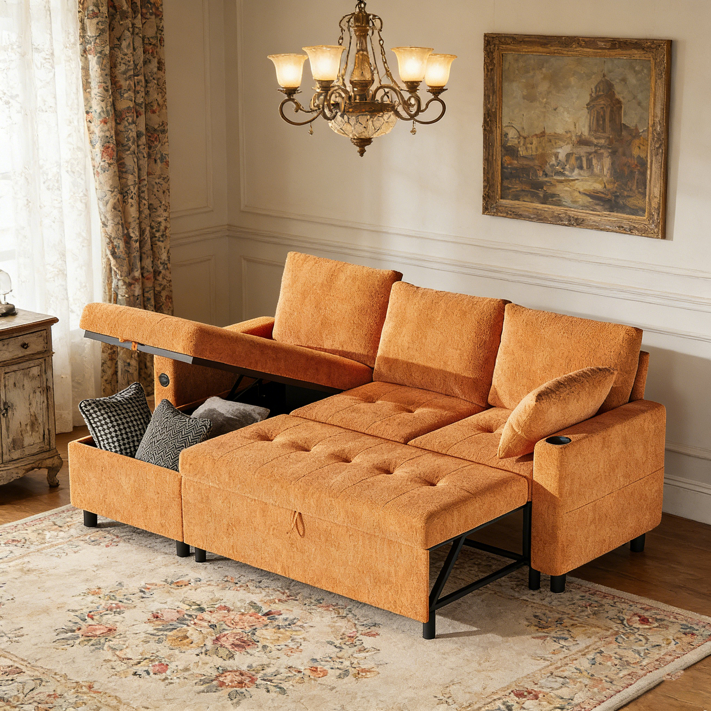 YODOLLA L-Shaped Sleeper Sofa, Pullout Bed, USB & Storage, Orange