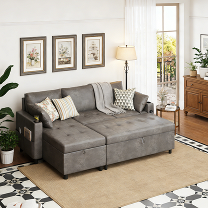 YODOLLA Faux Leather L-Shaped Sleeper Sofa, Pullout Bed, USB & Storage, Gray