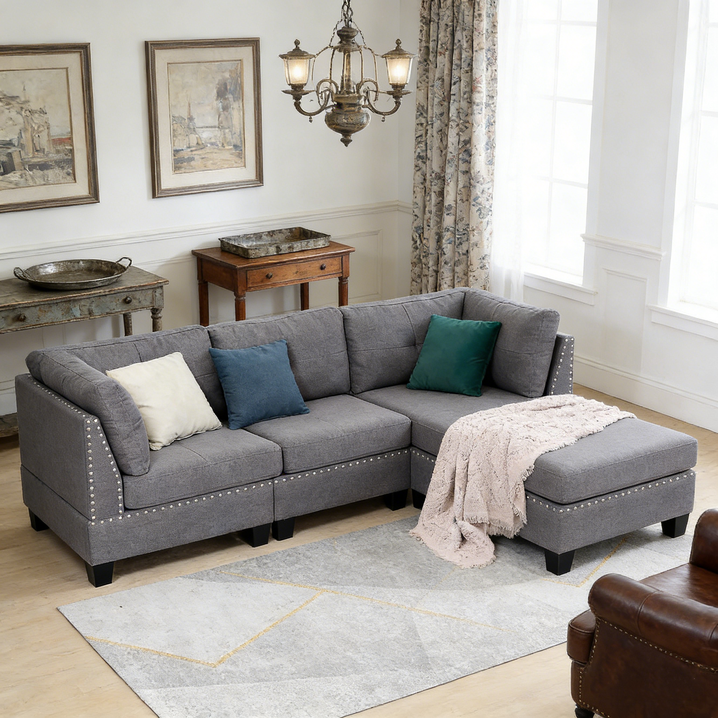 YODOLLA 88.6” L-Shaped Sofa Couch with Reversible Chaise, Fabric Gray
