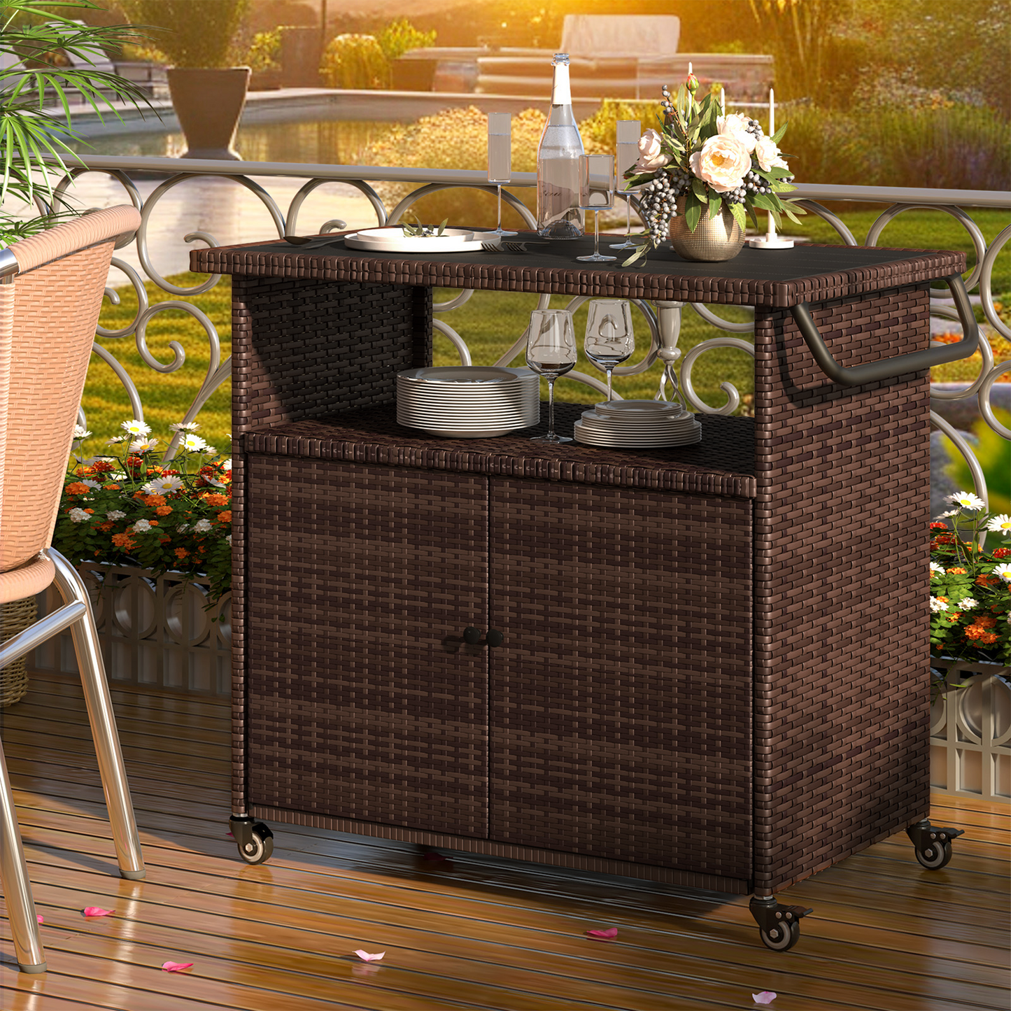 YODOLLA Outdoor Bar Cart, Patio Storage Grill Cart with Handles, Brown