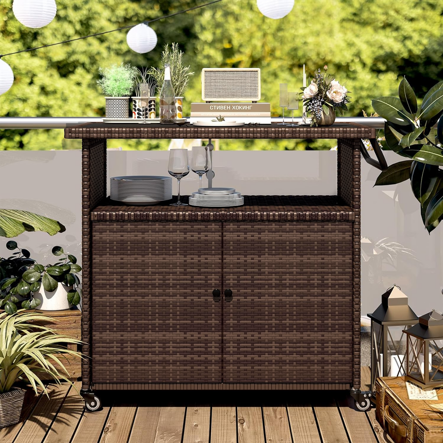 YODOLLA Outdoor Bar Cart, Patio Storage Grill Cart with Handles, Brown