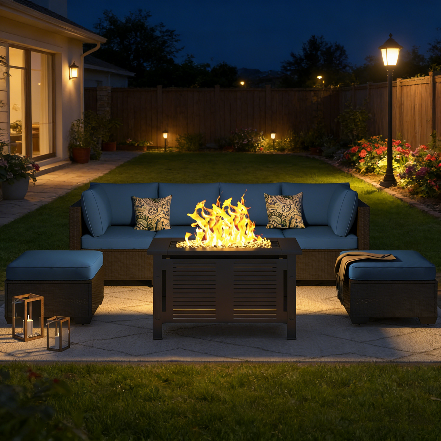 YODOLLA 7 Piece Outdoor Patio Furniture Set with Extra 43 Inch Fire Pit Table, Black Rattan & Navy Cushion