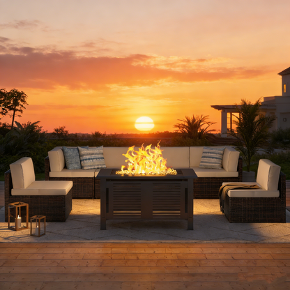 YODOLLA 7 Piece Outdoor Patio Furniture Set with Extra 43 Inch Fire Pit Table, Brown Rattan & Beige Cushion