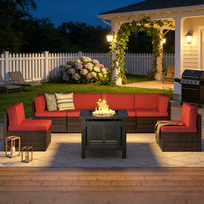YODOLLA 7 Piece Outdoor Patio Furniture Set with 30 Inch Fire Pit Table, Brown Rattan Red Cushion