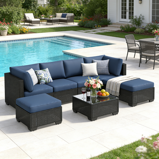YODOLLA 7 Piece Outdoor Patio Furniture Set, Black & Dark Blue