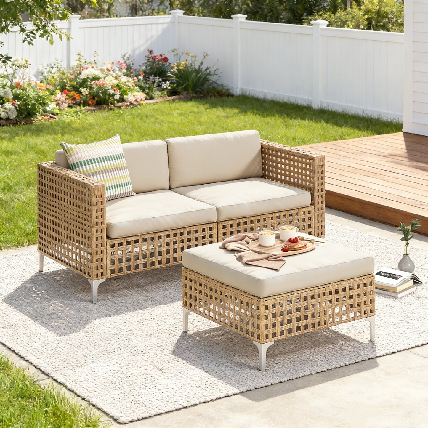 YODOLLA Outdoor Wicker Patio Furniture Sofa, Loveseat+Ottoman