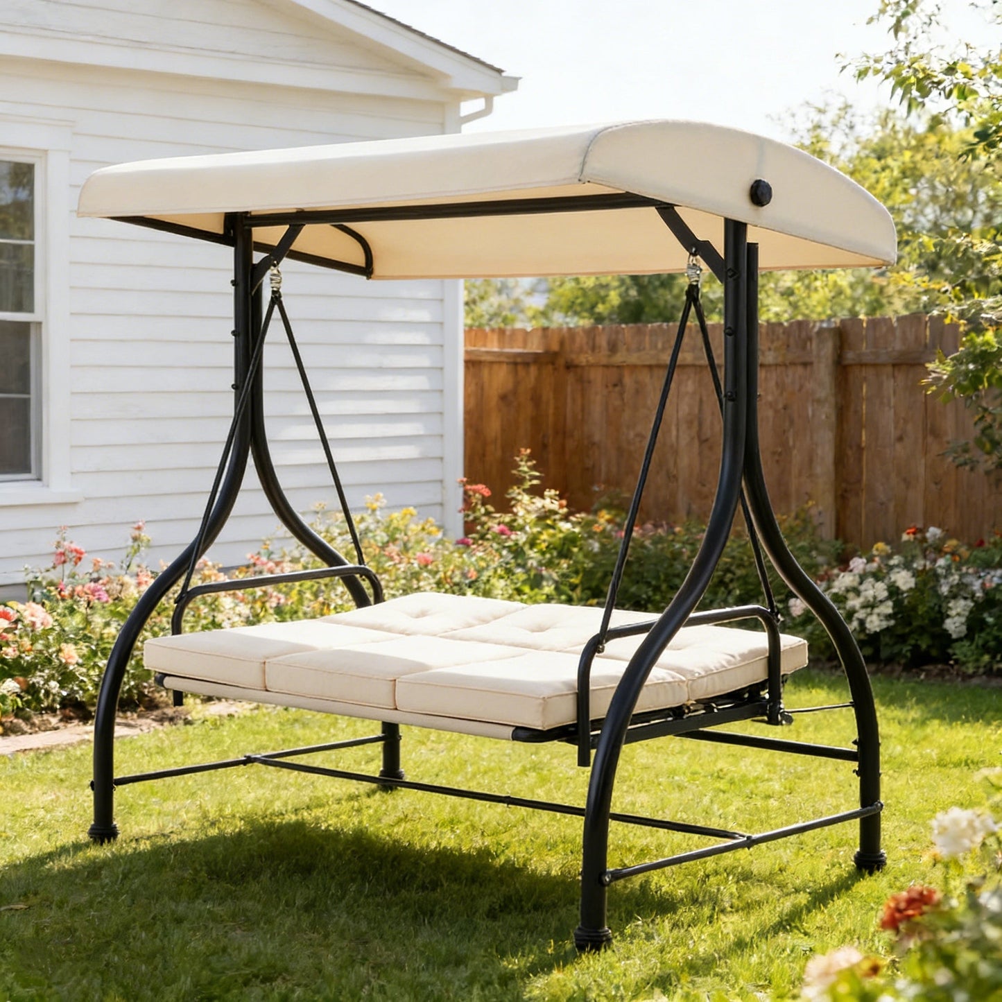 YODOLLA Patio Swing Set with Removable Backrest and Canopy, Beige