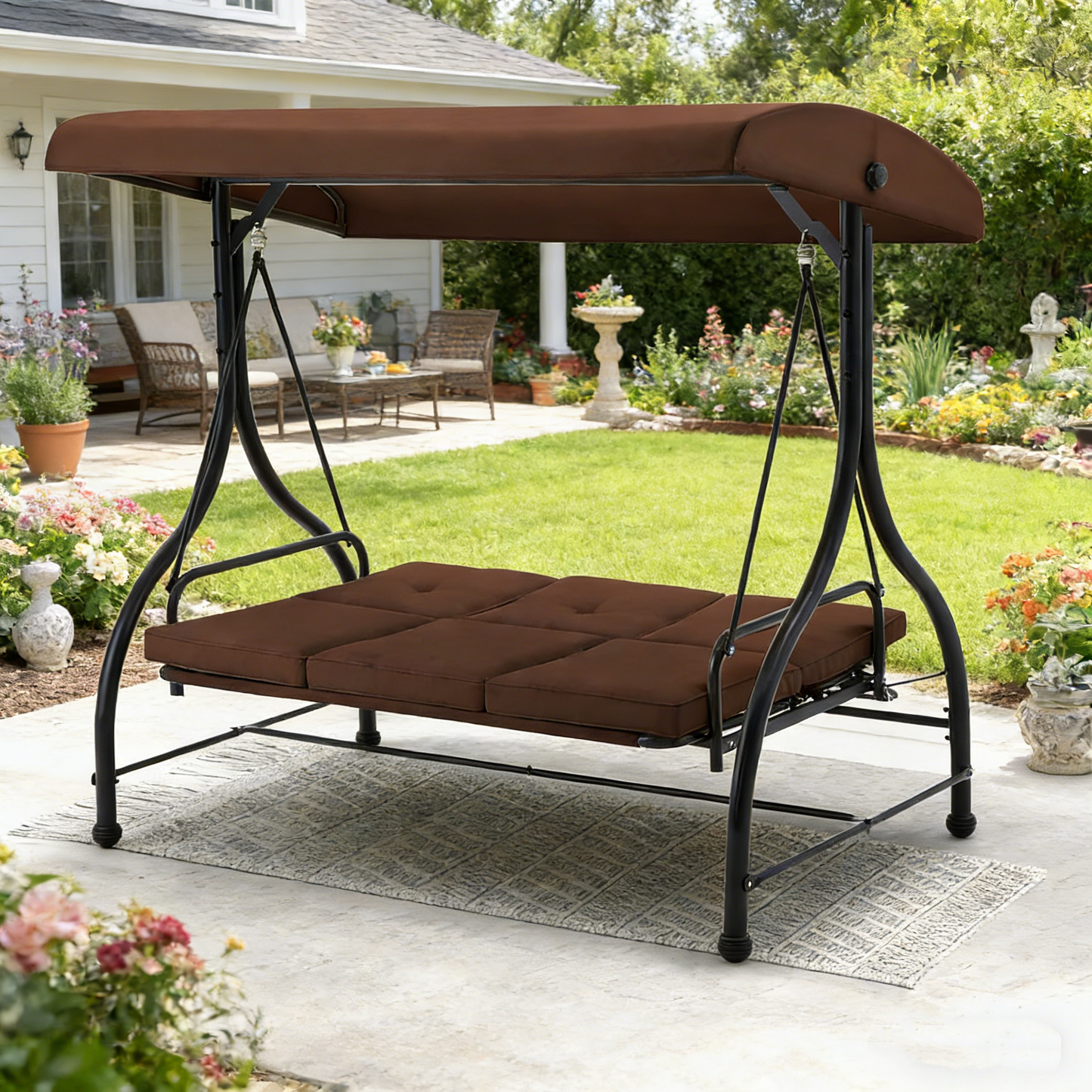 YODOLLA Patio Swing Set with Removable Backrest and Canopy, Brown