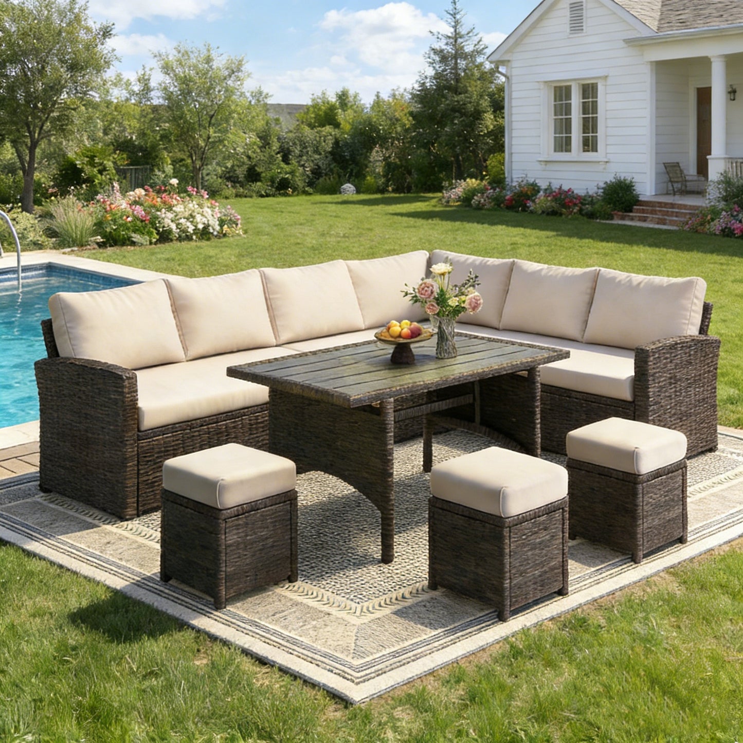 YODOLLA  7-Pc Patio Set, Brown Rattan & Khaki Cushions