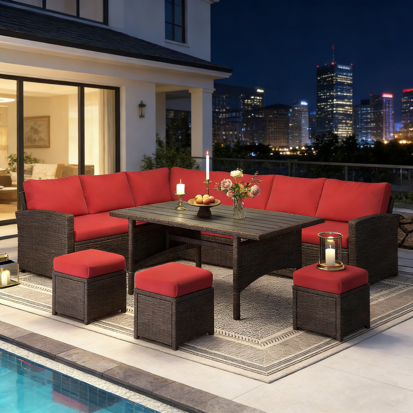 YODOLLA 7-Pc Patio Set, Brown Rattan & Red Cushion