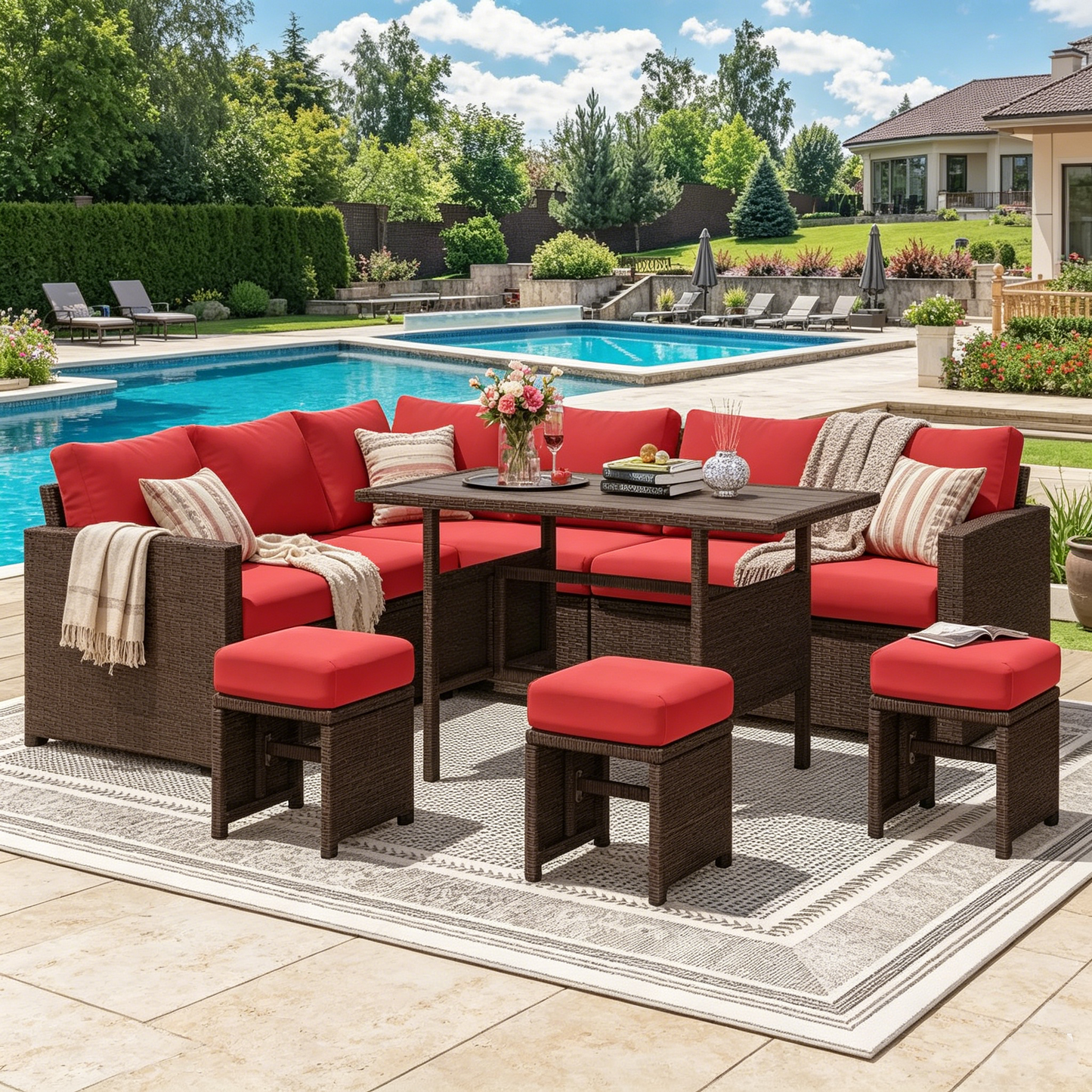 YODOLLA 7-Pc Patio Set, Brown Rattan & Red Cushion