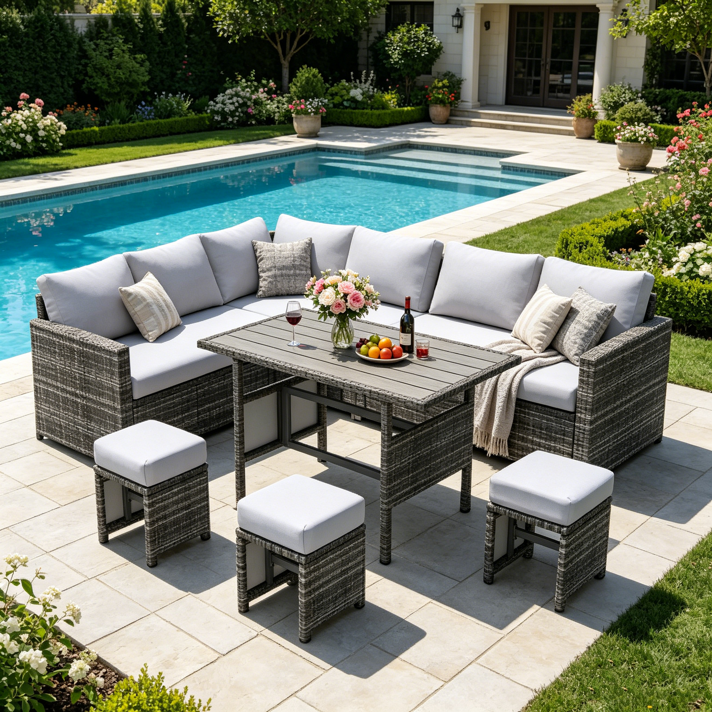 YODOLLA 7 Pieces Outdoor Wicker Rattan Dining Sofa Set, Light Grey