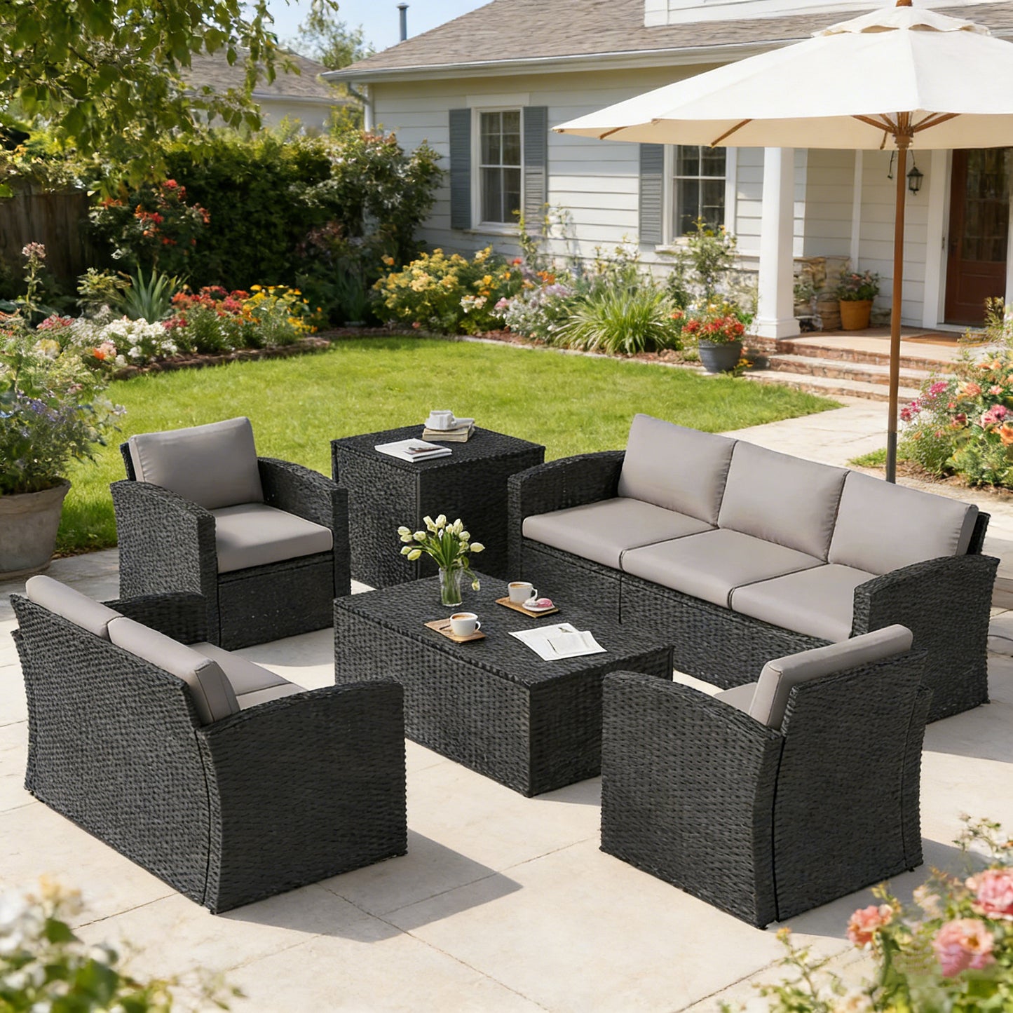 YODOLLA 7 PCS Outdoor Patio Furniture Sets with 2 Storage Boxes, Black & Grey