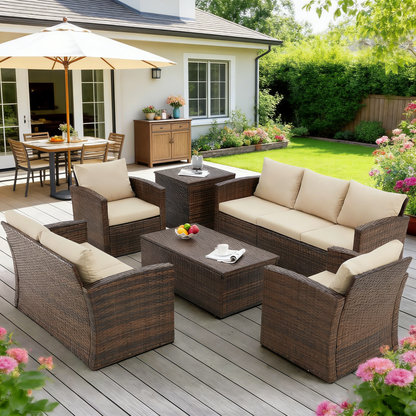 YODOLLA 7 Pieces Patio Furniture with Two Storage Boxes, Brown & Beige