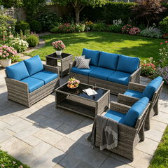 YODOLLA Patio Furniture Set with Two Table 7 PCS Outdoor Furniture, Gray Ranttan Blue Cushion