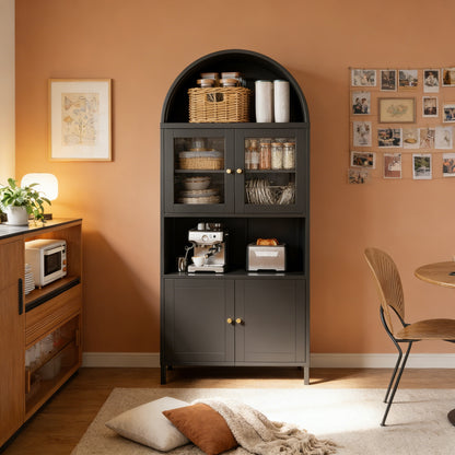 YODOLLA 73" Kitchen Pantry, Metal Arched Cabinet with Glass Door & Adjustable Shelves