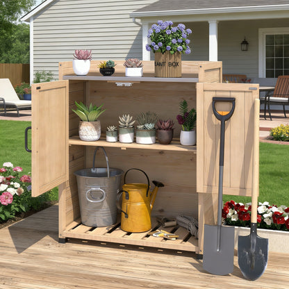 YODOLLA Potting Bench, Outdoor Wooden Storage Cabinet with Adjustable Shelf