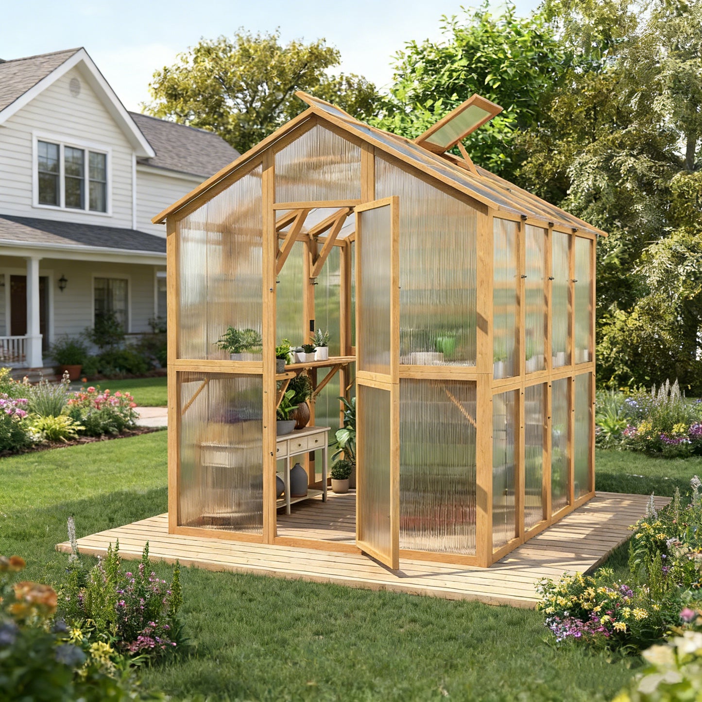 YODOLLA 6x7 FT Wooden Greenhouse, Walk-in Garden Greenhouse with Plant Stand