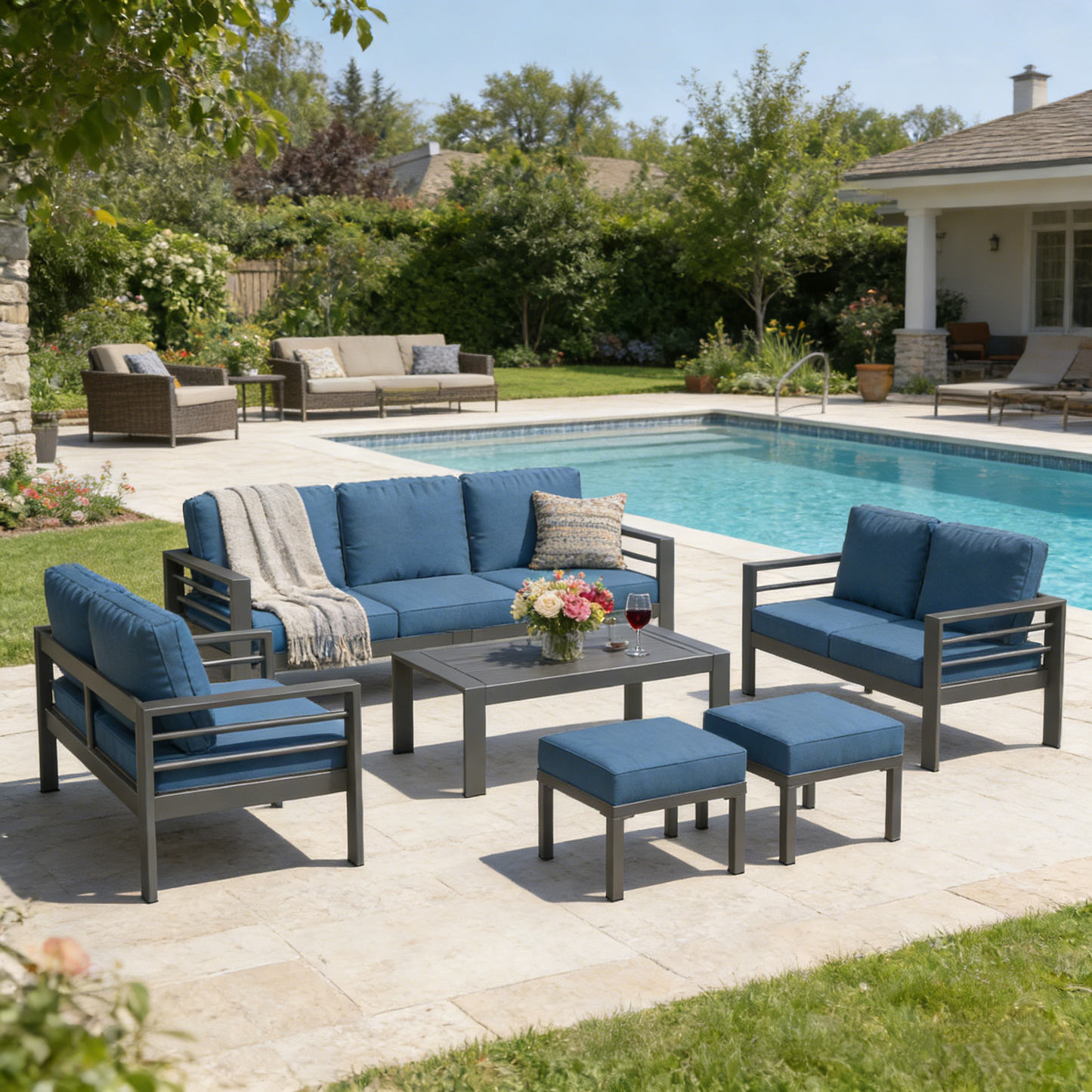 YODOLLA 7 Pieces Aluminum Patio Furniture Set, Blue